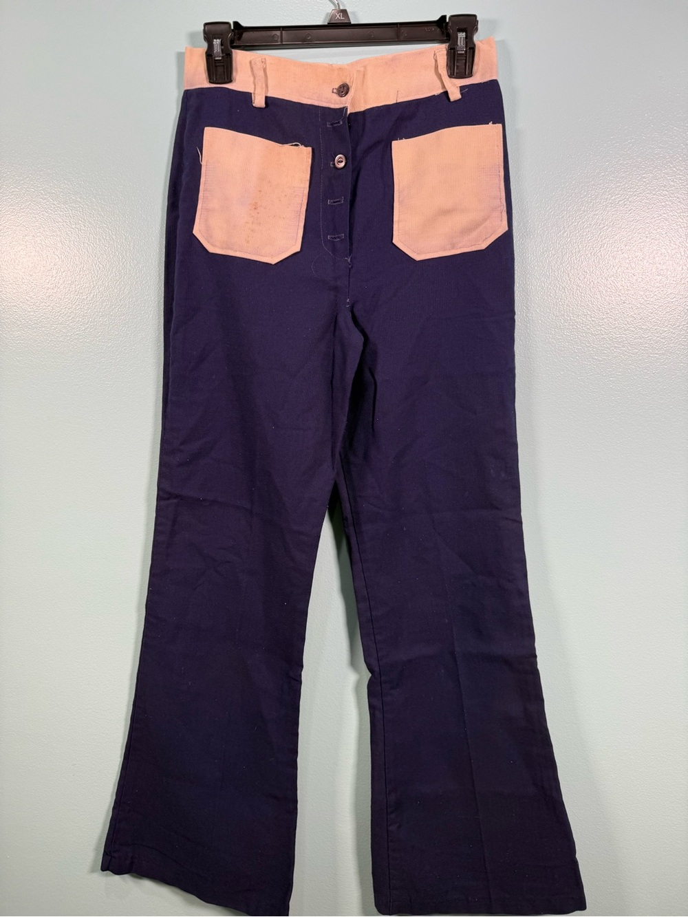 Two-Tone Navy and Peach High-Rise Flare Jeans